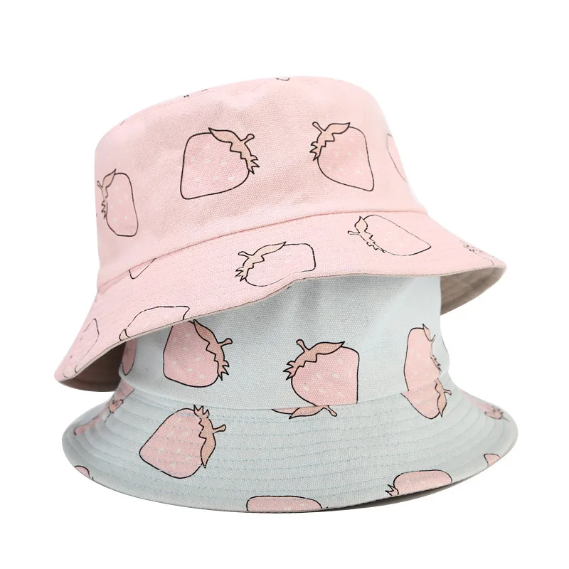 

2020 Strawberry Pattern Reversible Bucket Hat Women Summer Panama Fisherman Fishing Hats Foldable Sunshade Hip Hop Flat Top Caps