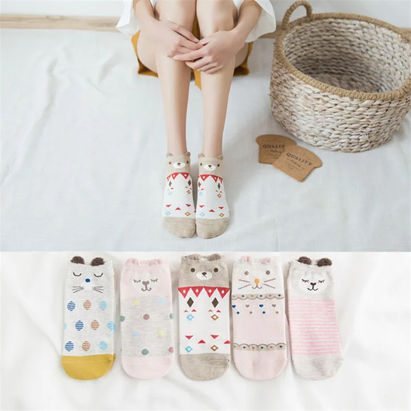 4-5Pairs 5 пар, женские хлопковые носки с рисунками животных, розовые милые короткие носки с котом, короткие носки, повседневные носки с ушками животных и красными сердечками для девочек, Размеры 35-40 - Цвет: 4-5Pairs