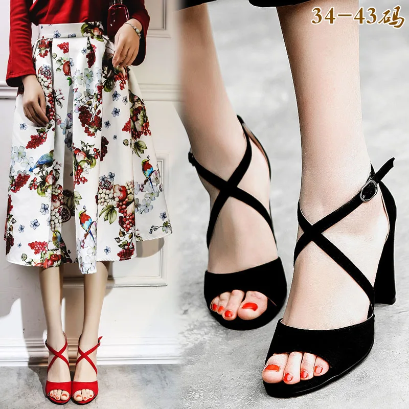 

17 Years Spring And Summer New Style Sandals Dull Polish Suede Europe And America-Chunky-Heel Rome Sandals 40-43 Large Size