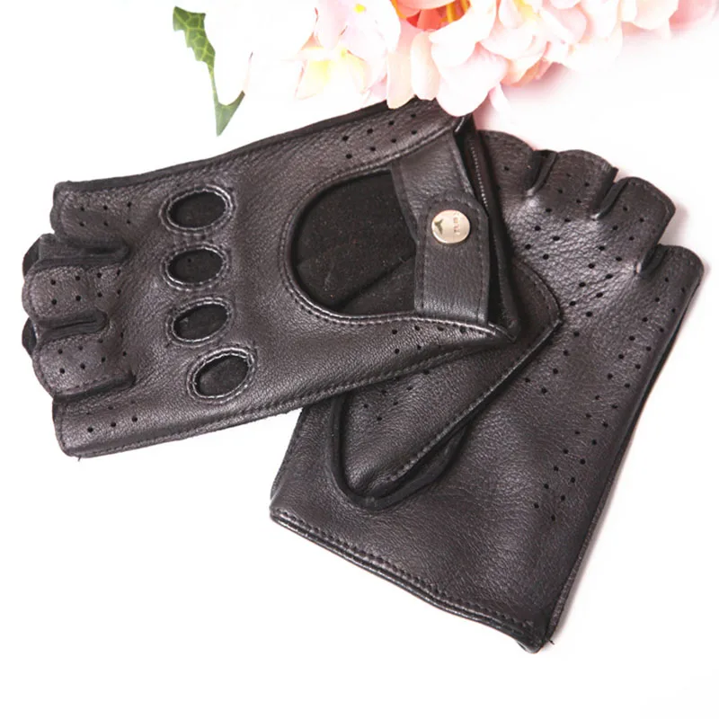 

Genuine Leather Gloves Female Anti-Slip Semi-Finger Deerskin Woman's Gloves Spring Summer Unlined Thin Breathable Driving EL116