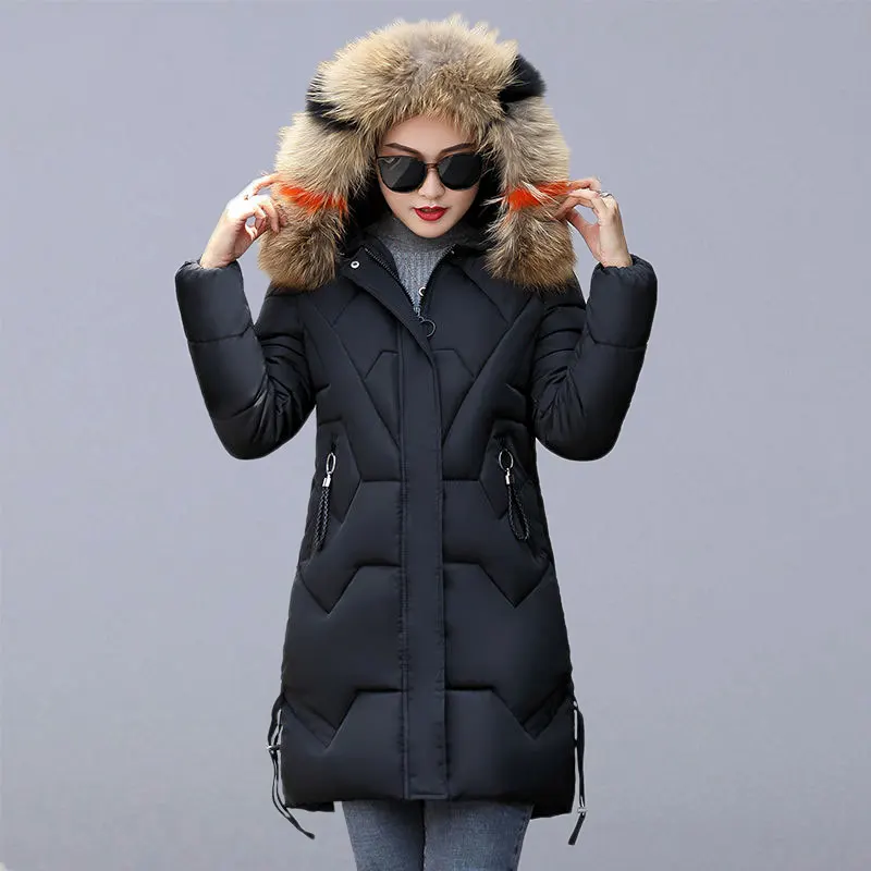 

Thicken Warm Outerwear Coats Women Winter Fashion Korean Style Hooded Casual Jackets Female Parkas Withe Fur Collar P101
