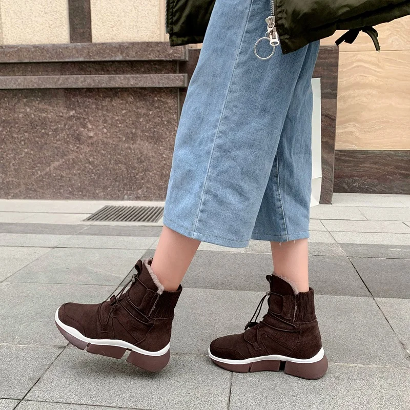 Новое поступление; mujer botas; зимние водонепроницаемые ботинки из натуральной коровьей замши и микрофибры; повседневная обувь на плоской подошве; женские ботильоны