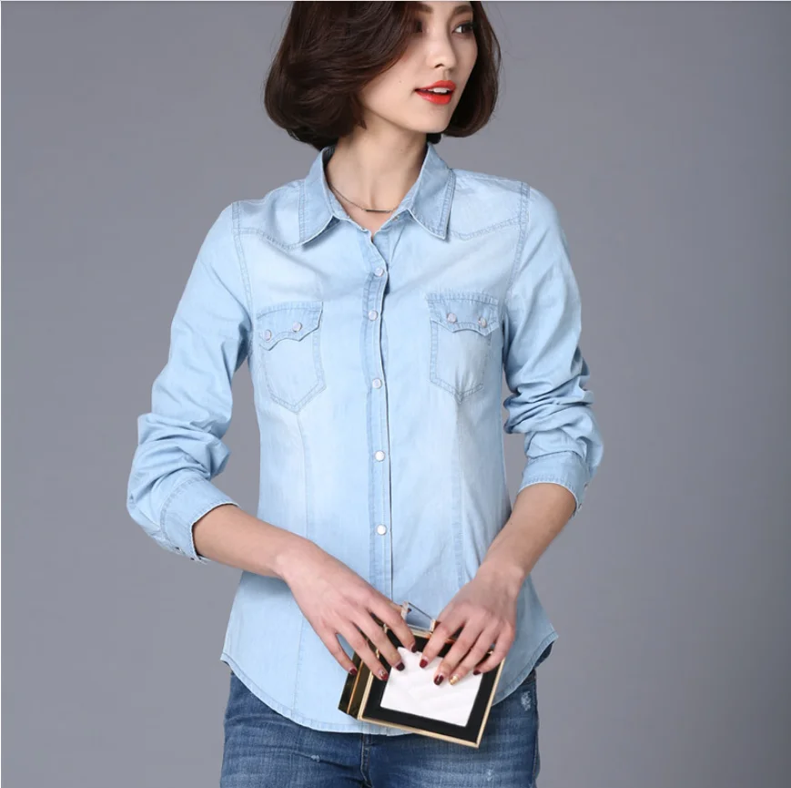 Женская рубашка из шамбре топ джинсовые рубашки блузки с длинным рукавом и