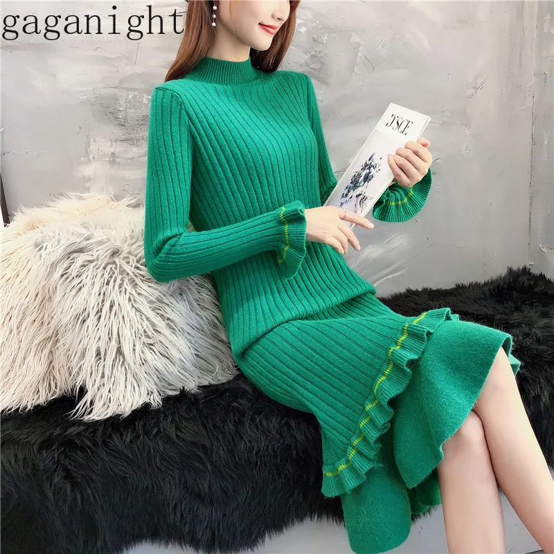 

Gaganight Autumn Winter Elegant Women Maxi Dress Solid Ruffles Long Sleeves Half Turtleneck Collar Long Dresses Korea Vestidos