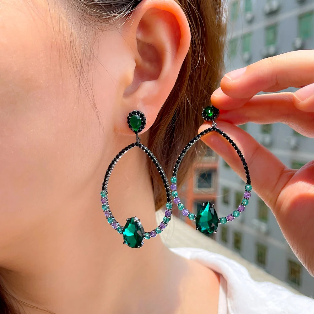 CWWZircon Green Black Cubic Zircon Stone Round Drop Big Party Earring for Women American European Designer Wedding Jewelry CZ913