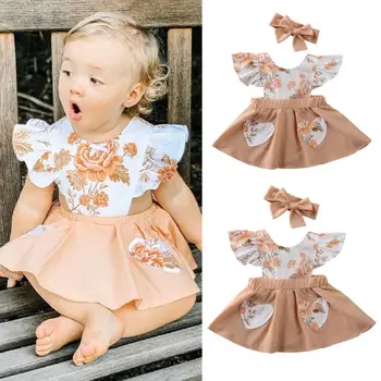 

Cute Summer Newborn Baby Dress 2Pcs Princess Little Girls Flower Ruffle Dress+Headband Toddler Infant Fly Sleeve Outfits Suit