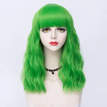 

CosplayMix 45/50CM Cosplay Synthetic Wigs for Women Natural Medium Curly Green Hair With Bangs Heat Resistant Rose Net