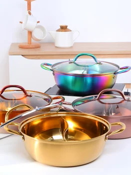

304 stainless steel two-flavor hot pot household thickened gas cooker electromagnetic stove chafing dish soup stew pan fondue