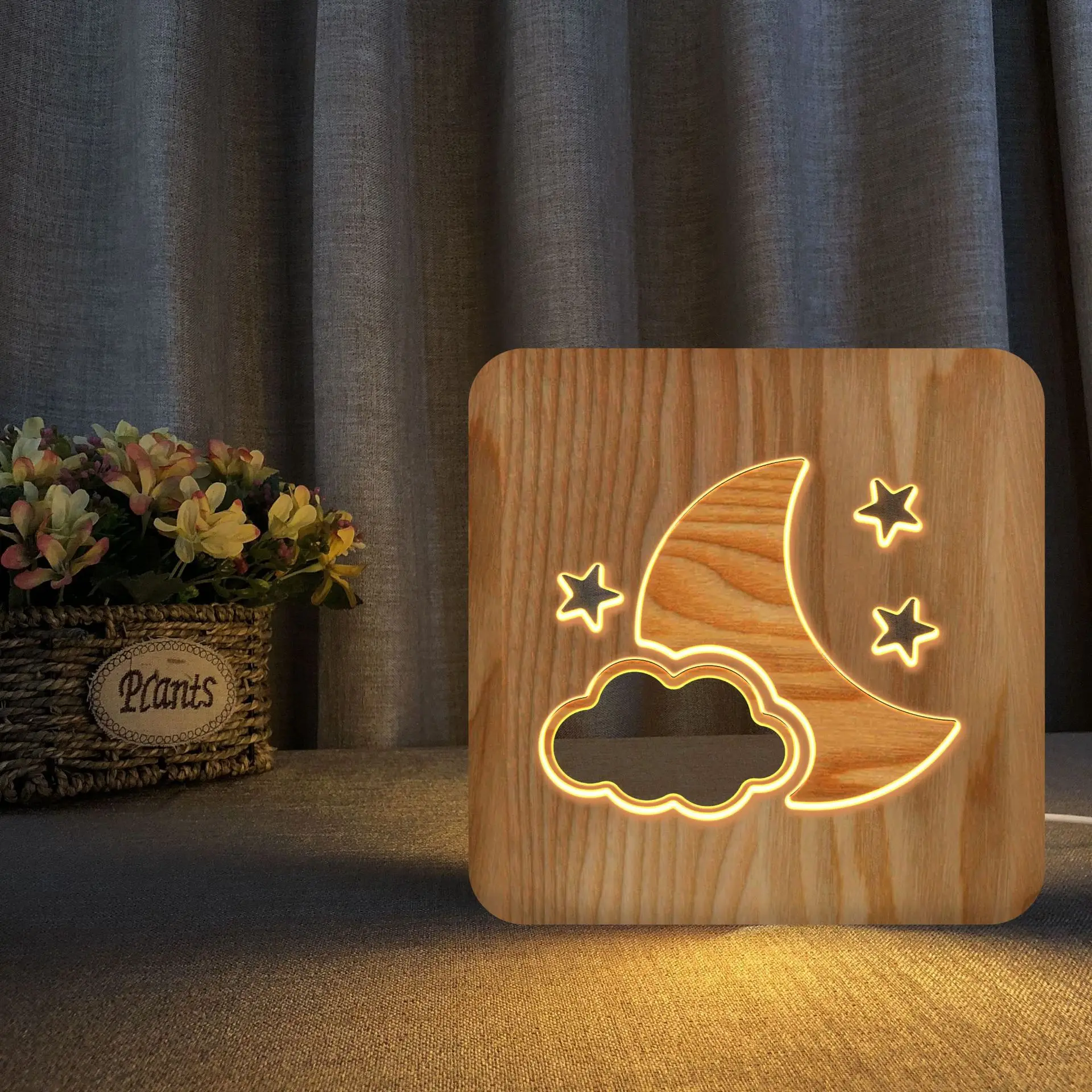 

Solid Wood Hollow Carved Star Moon and Clouds 3d Led Night Light Usb Desk Table Lamp for Kids Gift Bedroom Home Decoration