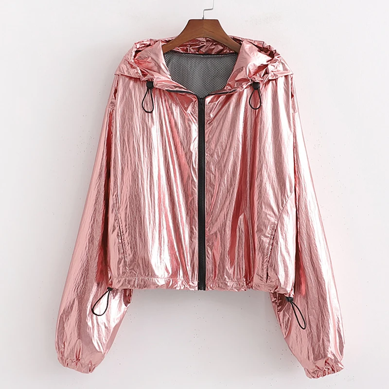 

Fandy Lokar Metallic Thin Hooded Jackets Women Fashion Zipper Solid Coats Women Elegant Long Sleeve Jackets Female Ladies HZ
