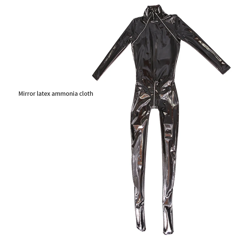Sexy Patent Leather Jumpsuit Women Wetlook Bodysuit Zip Open Bust