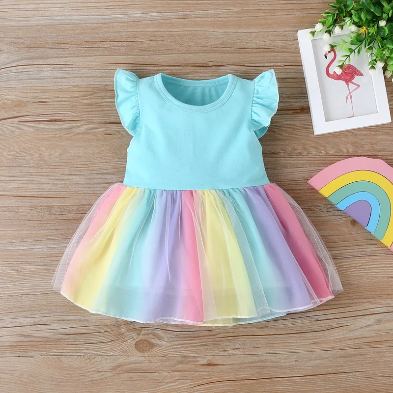 Vestido de verano con tutú para niñas, ropa de fiesta para niñas pequeñas, manga voladora, retazos de arcoíris