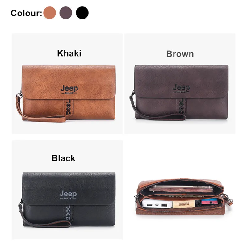 JEEP BULUO-cartera de mano de cuero sintético para hombre, monedero largo a la moda, bolso de negocios, tarjetero suave