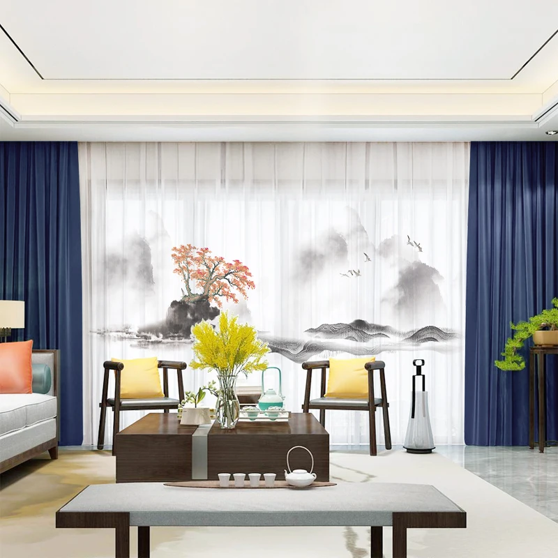 

Custom Chiffon Sheer Curtain Window Drape for Bedroom Living Room Mountain River Maple Tree Painting