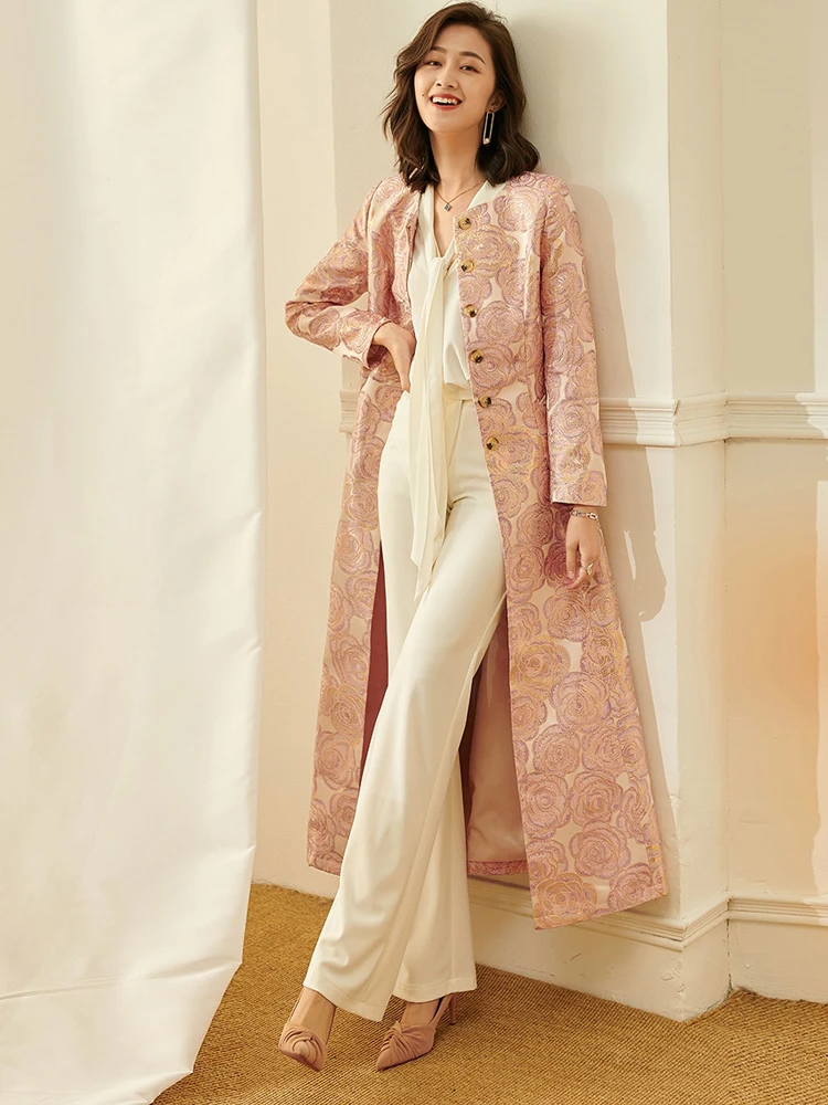 DEVCHATA Luxury Women Long Trench Coat Winter Floral