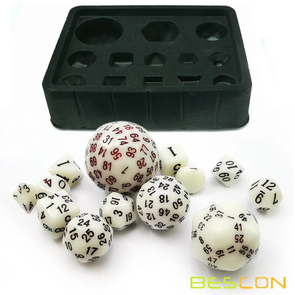 Bescon Super Glowing in Dark Complete Polyhedral RPG Dice Set 13pcs D3-D100, Luminous 100 Sides Dice set 6