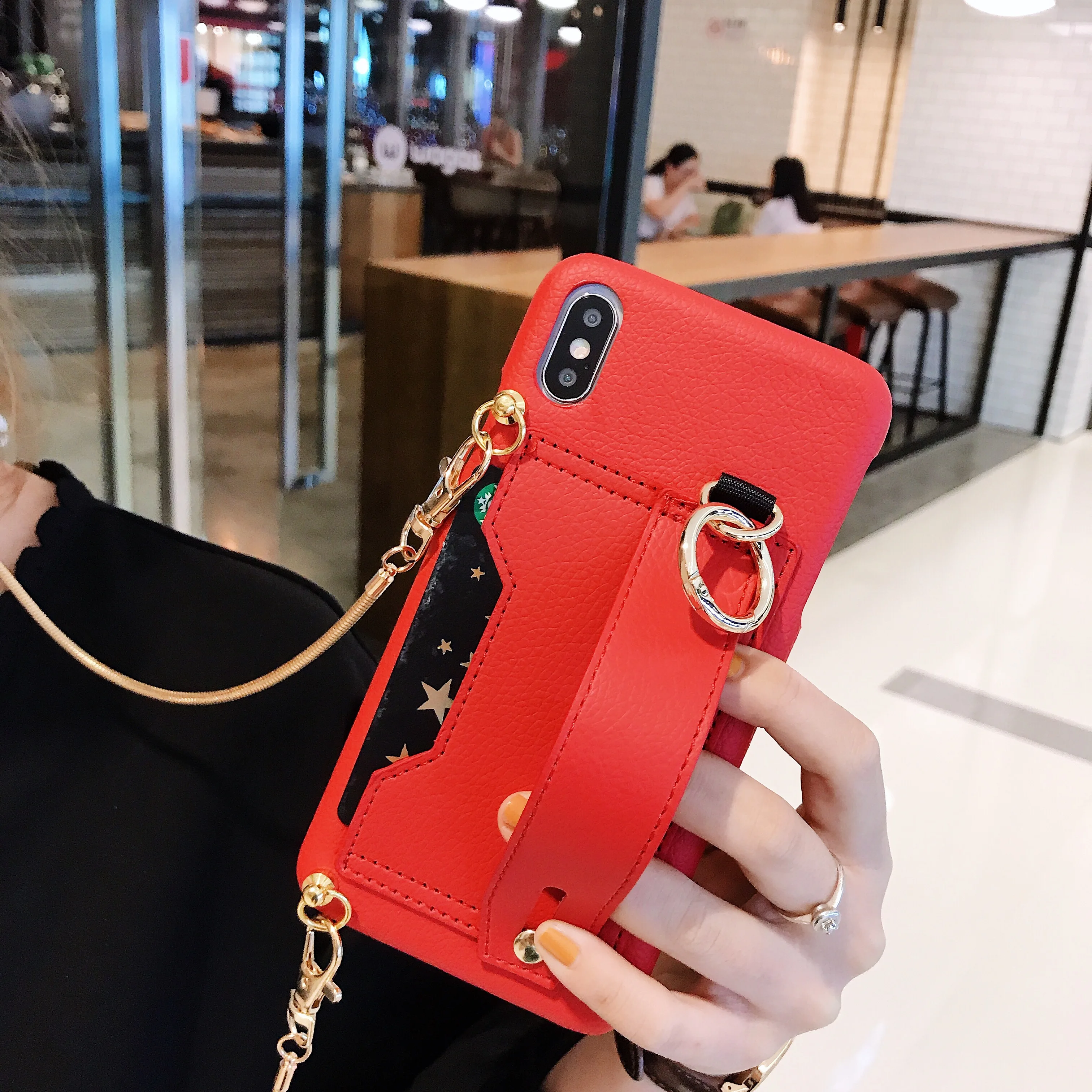 

With Wrist Strap Card Slot Shoulder Bag Case For iPhone 11 Pro Max 6S 7 8 Plus XS Max XR Case Leather Litchi Skin Crossbody Case