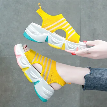 

New Women Sandals Soft Breathable Mesh Upper Summer Convenient Set Foot Open Toe Rainbow Platform Increased Women Sandals
