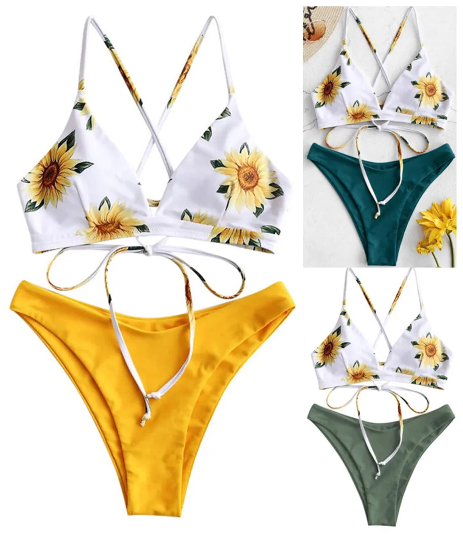 

Sexy Sunflower Print Bikini Set Beachwear Swimsuits Women Cross Backless Push Up Bikinis Set Bandage Swimwear Bathing Suit Mujer