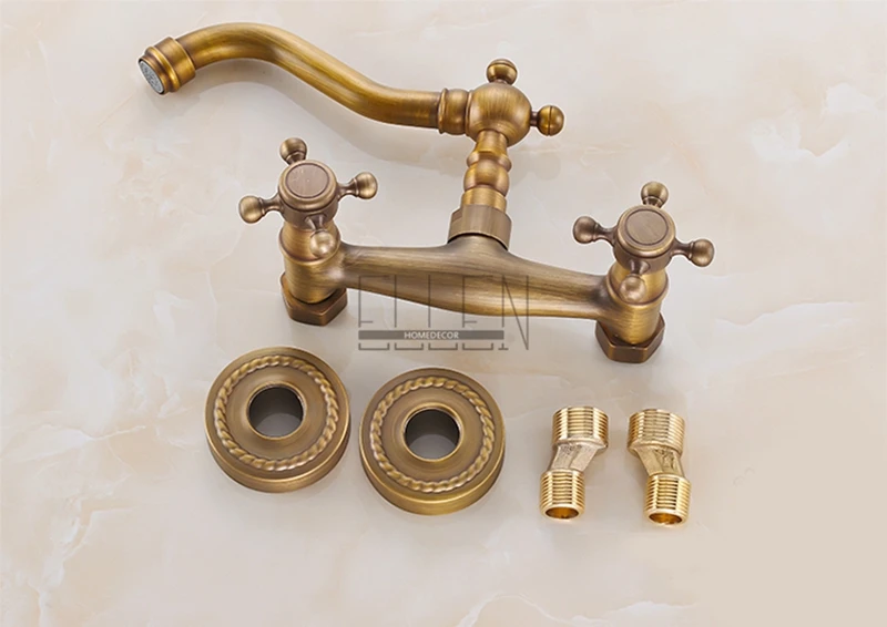 Vidric Wall Mounted Kitchen Sink Faucet Antique Bronze Sink Crane Hot Cold Water Mixer Tap Luxury Vintage Balcony Kitchen Faucet