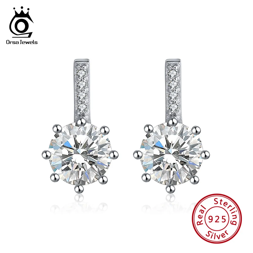 

ORSA JEWELS Stud Earrings For Women 925 Sterling Silver Round Big Shiny AAA CZ Girl Earring Female Club Party Jewelry Gift SE109