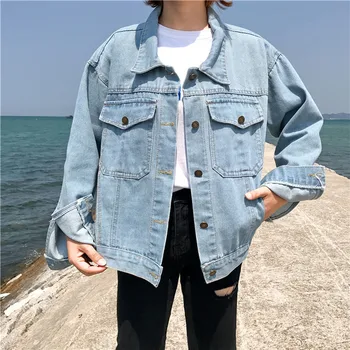 

Denim Feminine Coat Women Loose Long Sleeve Jeans Coat Retro Cowboy Denim Loose Casual Pocket Jacket Oversize Jean Jacket