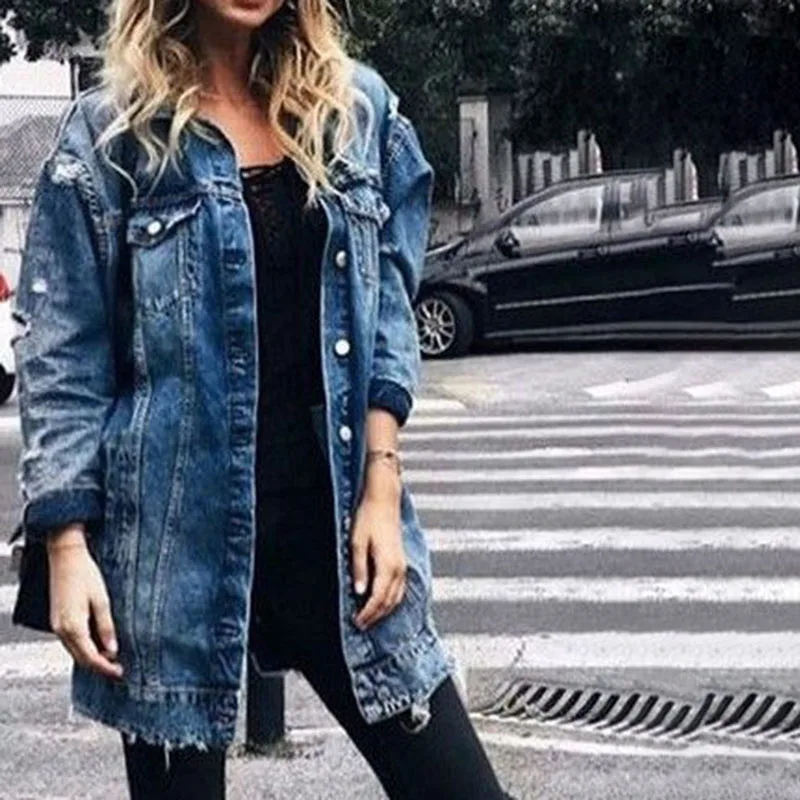 Jeans Coat Autumn Jacket Long-Sleeve Boyfriend-Style Women Ladies Outwear Streetwear-Hole