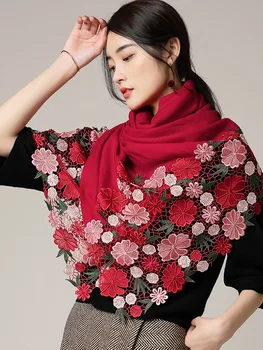 

Women Bride Embroidery 100% Pure Wool Scarf Red All-Match Shawls and Wraps for Ladies Pashmina Wedding Winter Wool Poncho Stoles