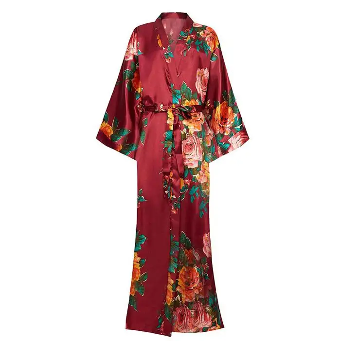 Ночное белье для женщин 3/4 рукав Домашняя одежда невесты свадебное платье атласное кимоно купальный Халат большой размер 3XL-6XL - Цвет: Dark Red