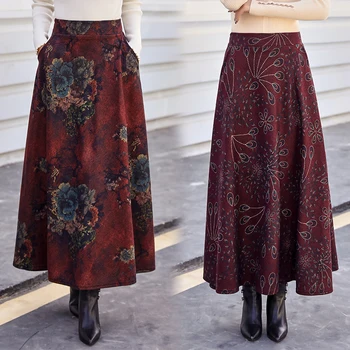 

HAYBLST Brand Long Skirt Women Fall 2019 Winter Plus Size 3XL Elegant Korean Style Tall Waist Fashion Print Wool Cloth Clothing