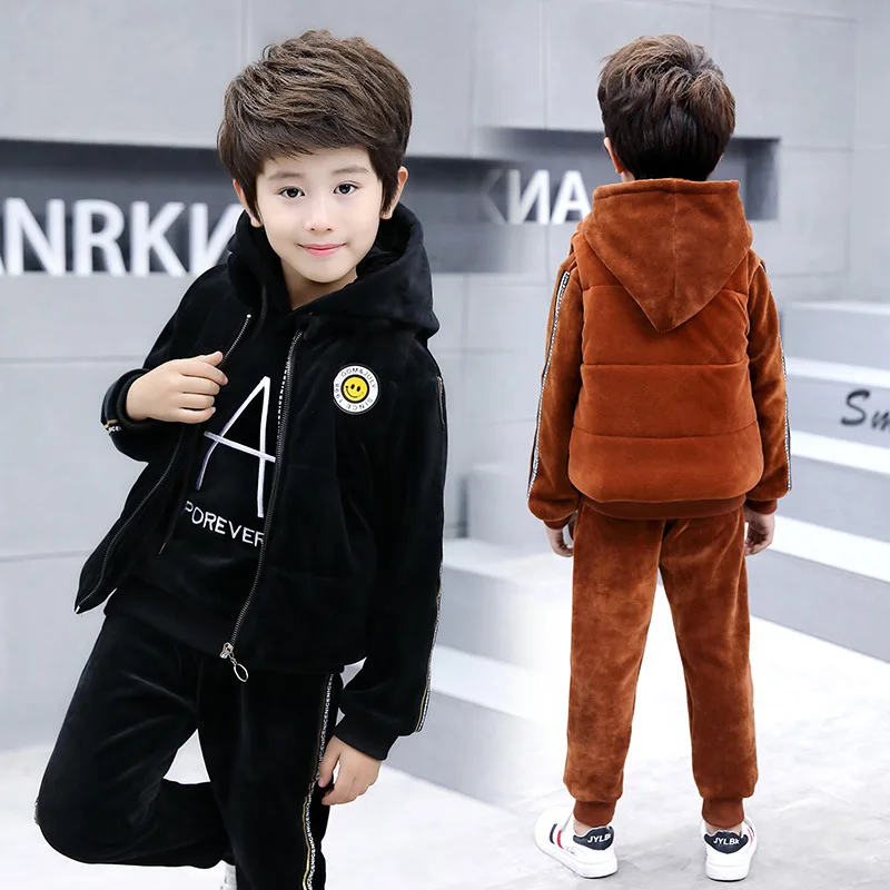 

BOY'S Winter Set 2019 New Style CHILDREN'S Garment Gold Velvet Thick Three-piece Set Boy Autumn & Winter Korean-style Fashion Cl