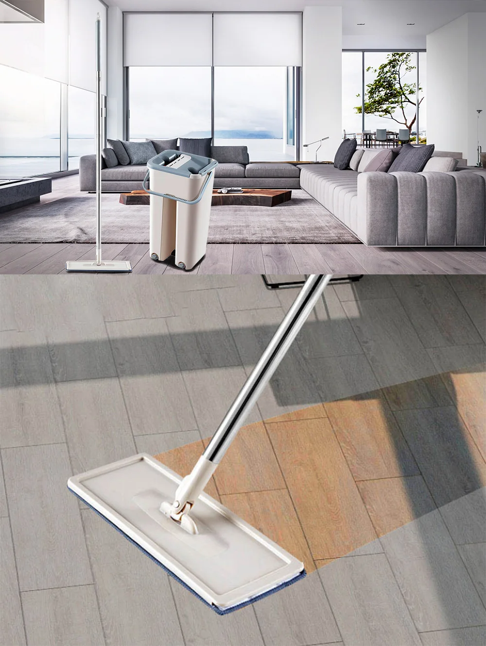 Flat Squeeze Bucket Hand Free Wringing Floor Household Cleaning Mop 
