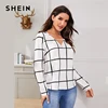SHEIN White Plaid Print V-Cut Neck Spring Casual Blouse Women Tops 2019 Autumn Korean Long Sleeve Office Laides Blouses And Tops Blouses & Shirts Women's Women's Clothing 