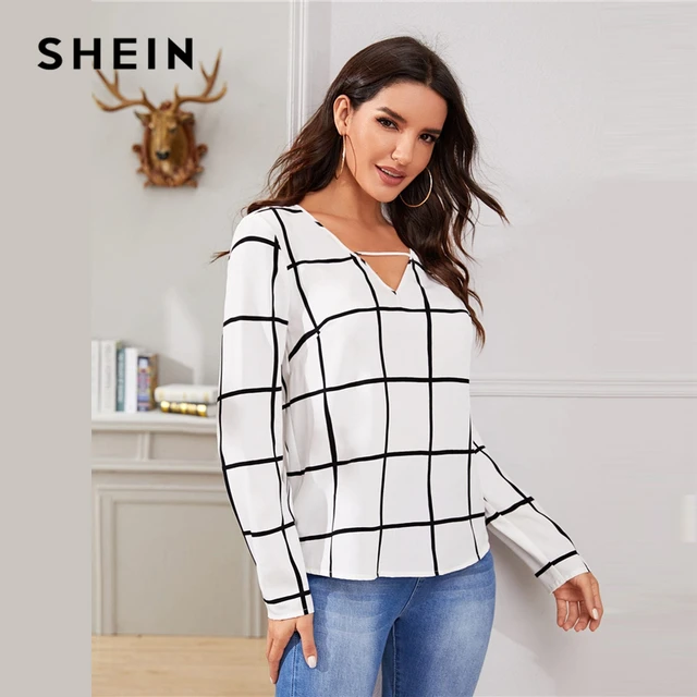 SHEIN White Plaid Print V-Cut Neck Spring Casual Blouse Women Tops 2019 Autumn Korean Long Sleeve Office Laides Blouses And Tops Blouses & Shirts Women's Women's Clothing