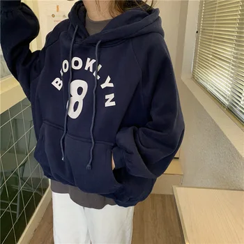 

Aulead New Harajuku Hoodies Women Winter Letter Print Lace Up Thicken Plus Cashmere Digital Pullover Loose Hoodies Students 50cs