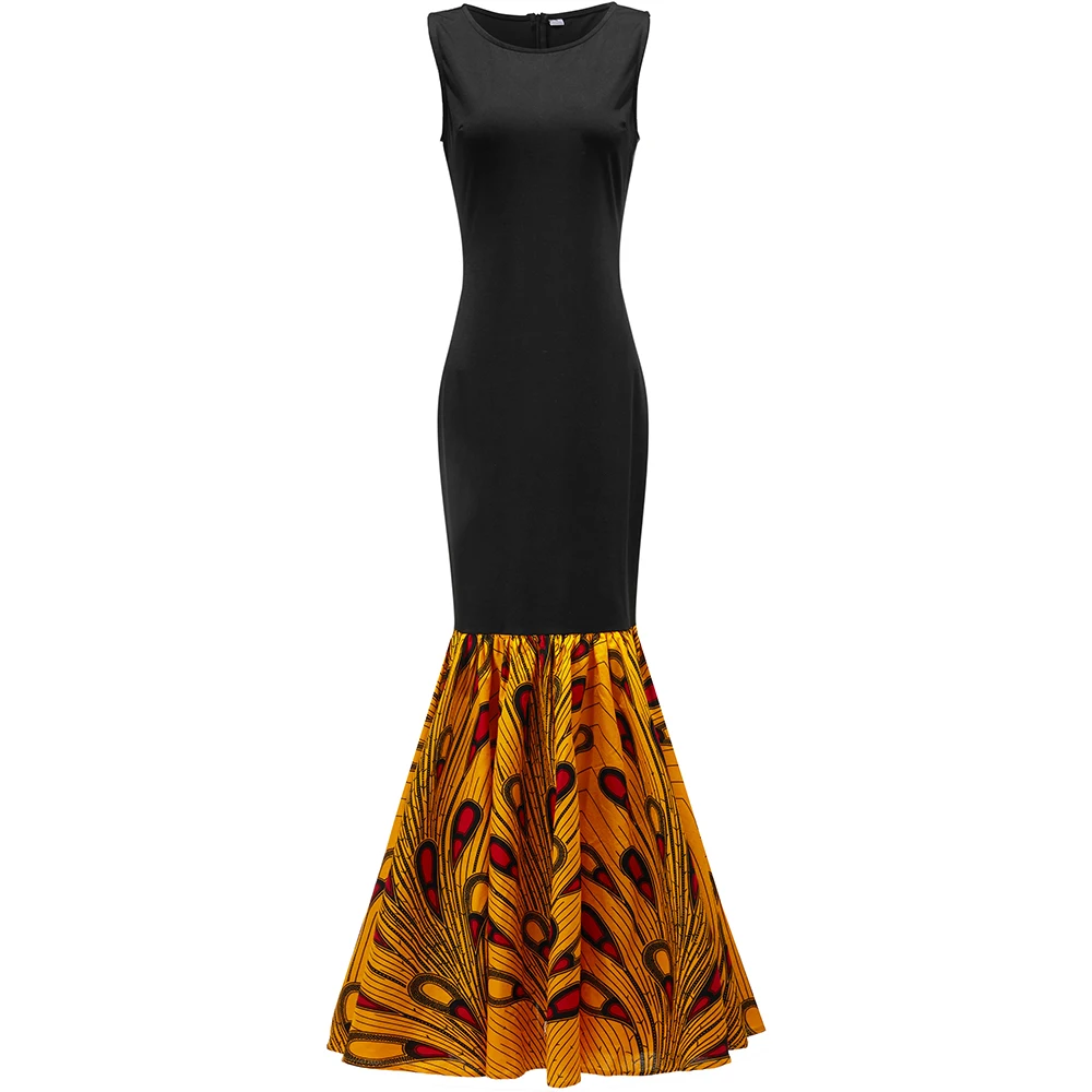 Африканские платья для женщин Длинное Макси платье без рукавов хлопок Материал Анкара Свадебные платья тонкая африканская женская одежда - Цвет: yellow