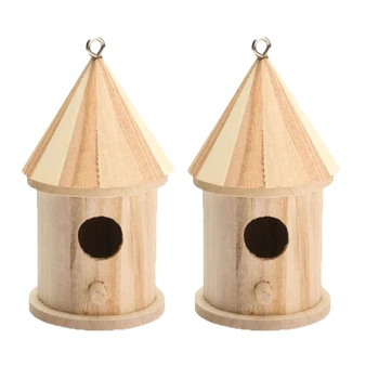 

BEAU-2Pcs Wood Wooden Birdhouse Bird Nest House Shed Garden Yard Hanging Decor
