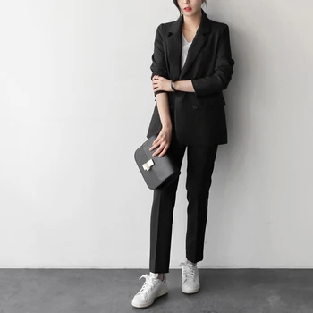 

2 Two Piece Set Women Striped Blazer and Long Pants Trouser Tracksuit Plus Size Jacket Outfits Double Breasted Office Lady Suit