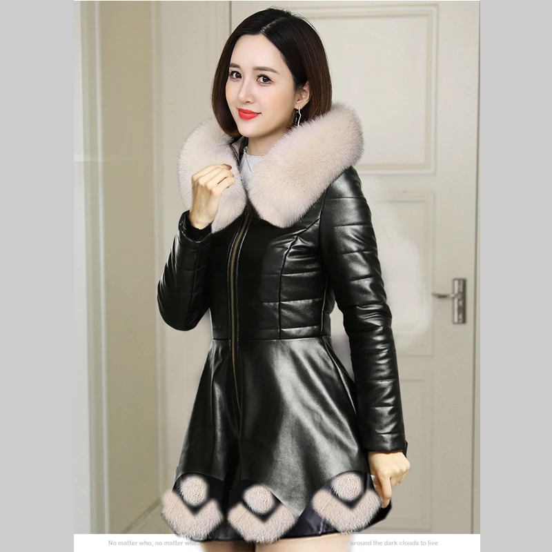 

Winter New Style Leather Jacket Women Mid-length Faux Fox Hooded Fur Collar Coat Female Slim Parka Cotton Warm Leather Outerwear