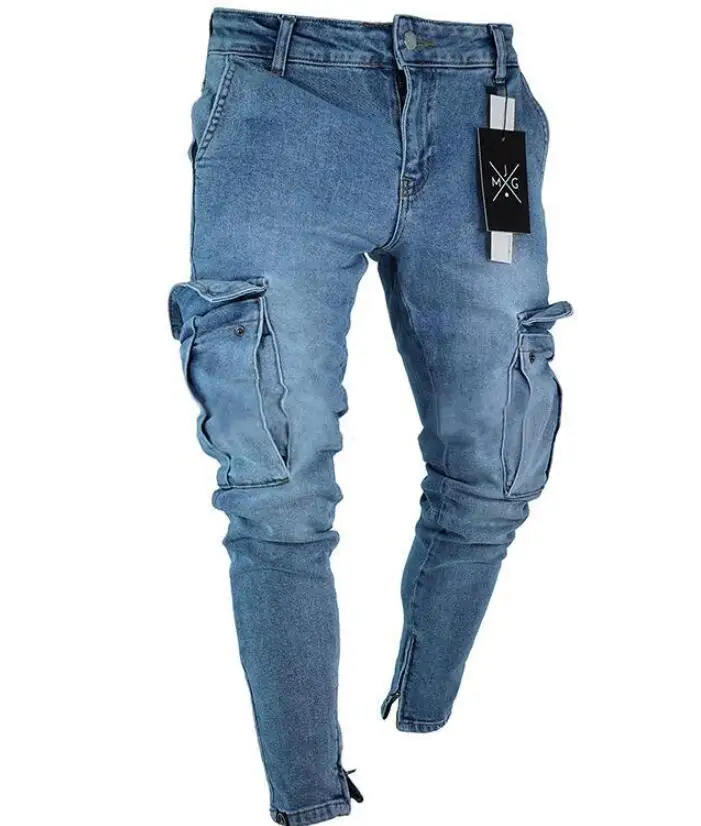 2019 Fashion Men's Jeans Hip Hop Streetwear Patch Hole Ripped Skinny Pockets Men Slim Fit Denim Pants y438 | Мужская одежда