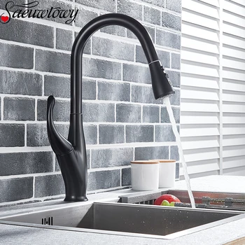 

Brass Matt Black 360 ° Rotatable Kitchen Faucet Deck Mounted Pressurized Dual Mode Hot And Cold Mixer Chrome Style Pull Out