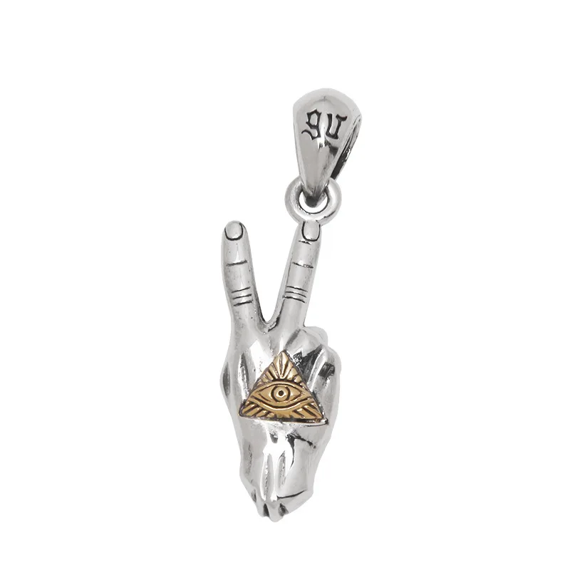 

100% 925 Sterling Silver Pyramid Thousand-Year Eye V-shaped Scissor Hand Pendant
