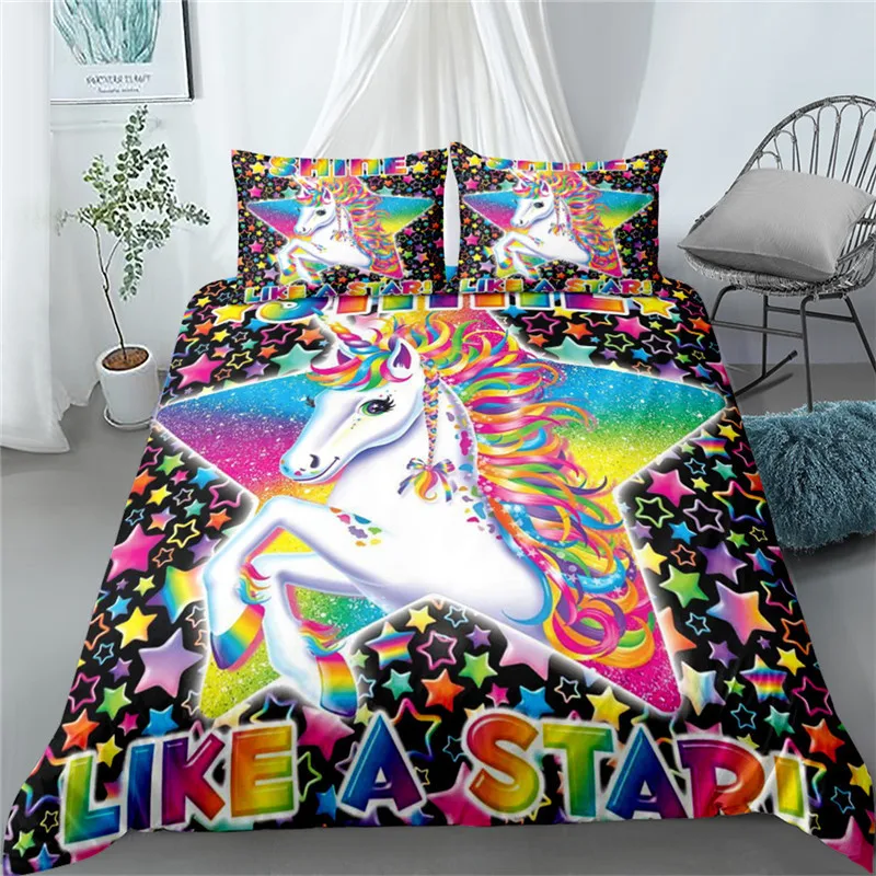 Featured Smile Unicorn Pink Princess Duvet Cover Set King Queen Full Twin Size Bed Linen Set 