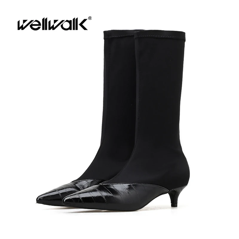 

Women Mid Calf Boots Low Short Stretch Boots Stocking Slip On Fashion Night Club Skinny Slim Fit Pointed Toe Low Kitten Heel