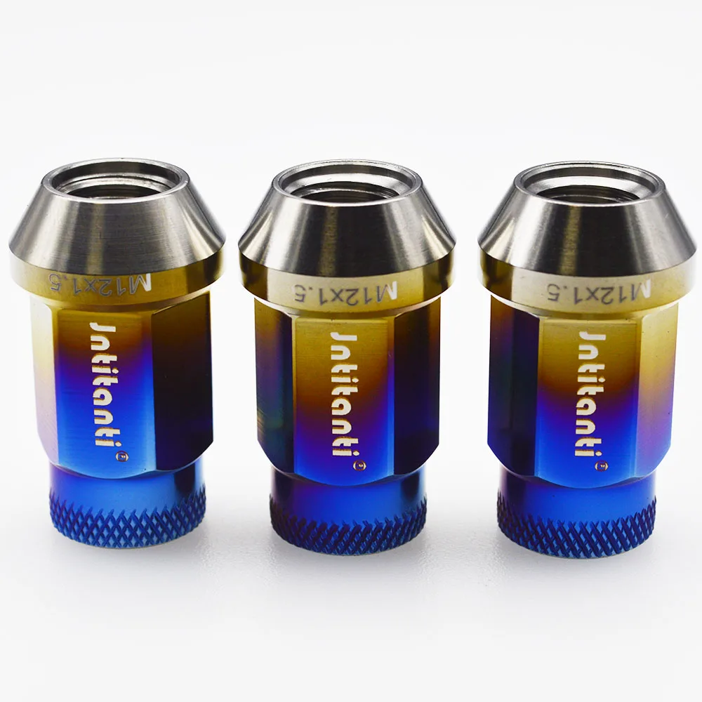 

Burnt blue Gr5 titanium lug nut with knurled open end