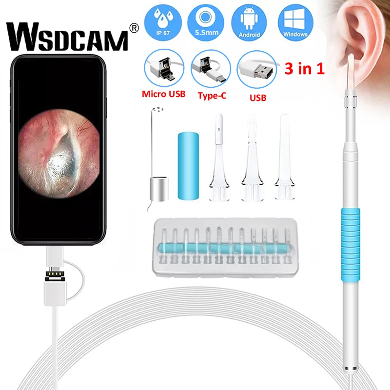 Endoscopio de limpieza de orejas, herramienta boroscopio para el cuidado de la salud, endoscopio, USB, Visual, 5,5mm, cámara de 0.3MP, Android, PC