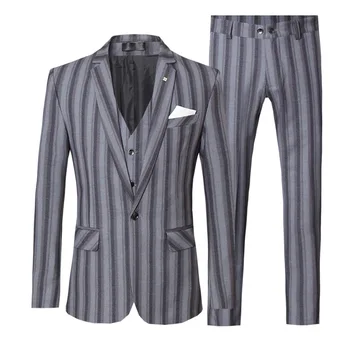 

Stripe Blazer Men Three-Piece Slim Fit Waistcoat Wedding Groom Men Suit Jacket+Vest+Pants Gentleman Style Good Quality On Sale