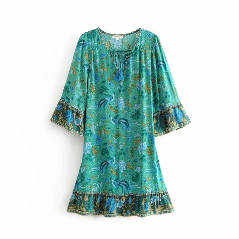 Boho Chic для птичек, с цветочным принтом, с расклешенным рукавом и бахромой пляжное богемное мини платья свободного кроя, с v-образным вырезом из искусственного шёлка винтажное платье