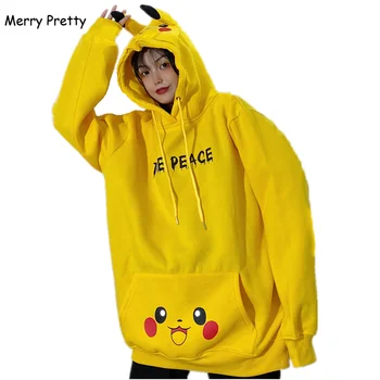 

Couple Hoodie Autumn Winter Kawaii Cartoon Pikachu Ears Hooded Sweatshirt Women Oversized Loose Harajuku Pocket Pullover Tops