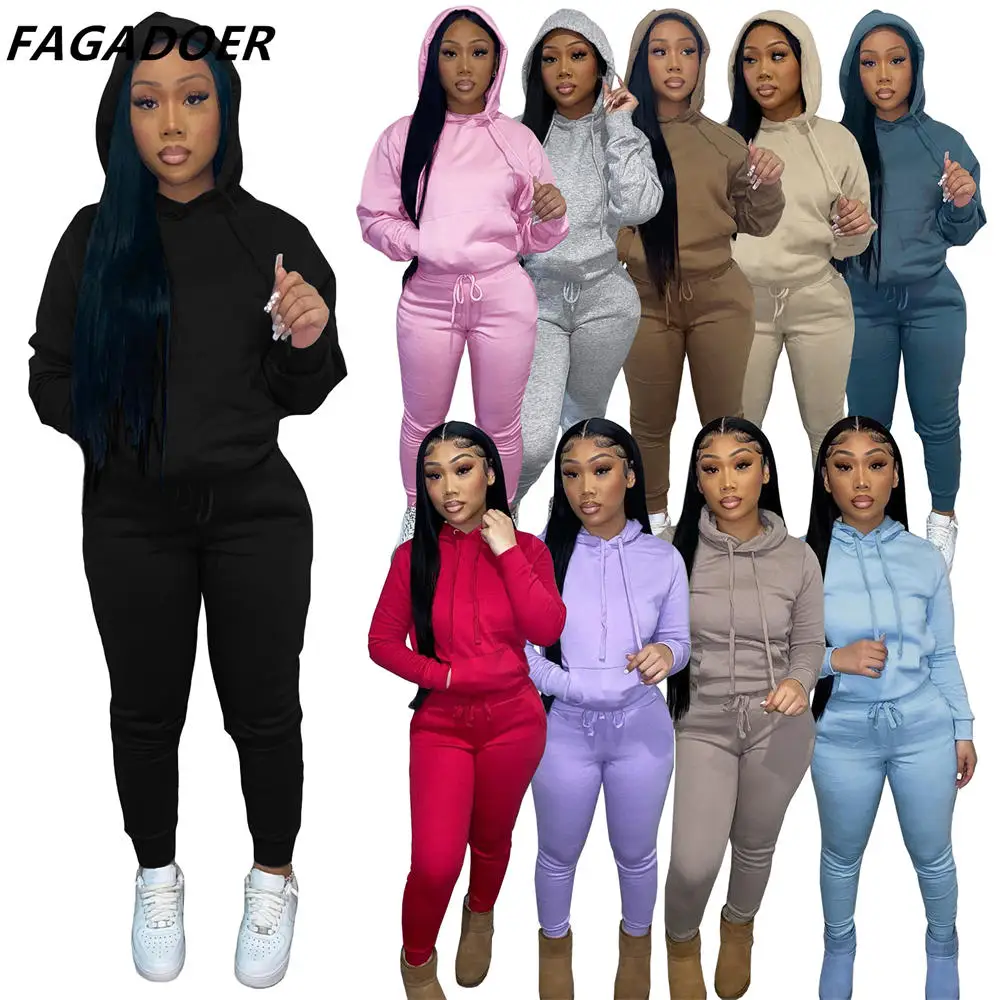 

FAGADOER Casual Women Two Piece Set Solid Hooded Sweatshirts And Jogger Pants Tracksuit Autumn Winter Fitness Outfit Streetwear